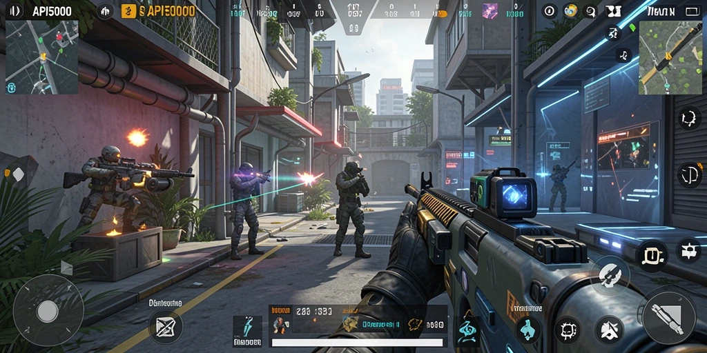 Tangkapan layar utama API5000 menunjukkan pertempuran intens dalam game FPS.