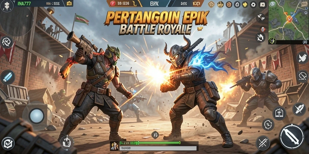 Screenshot utama INA777 menampilkan intensitas gameplay Battle Royale yang menegangkan.