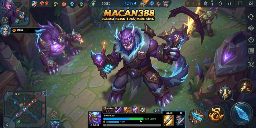 Screenshot gameplay MOBA yang menunjukkan pertarungan epik di MACAN388.