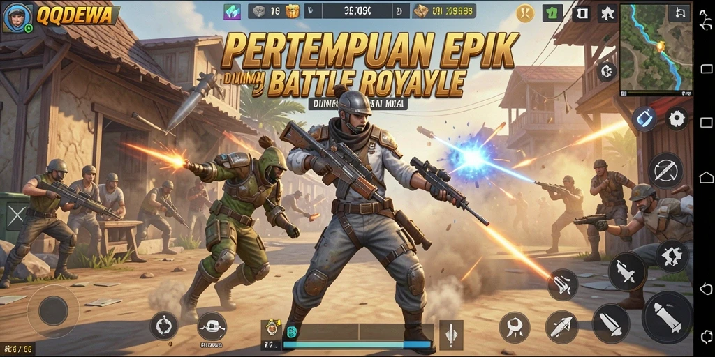 Tampilan gameplay seru dalam QQDEWA dengan aksi pertempuran Battle Royale.