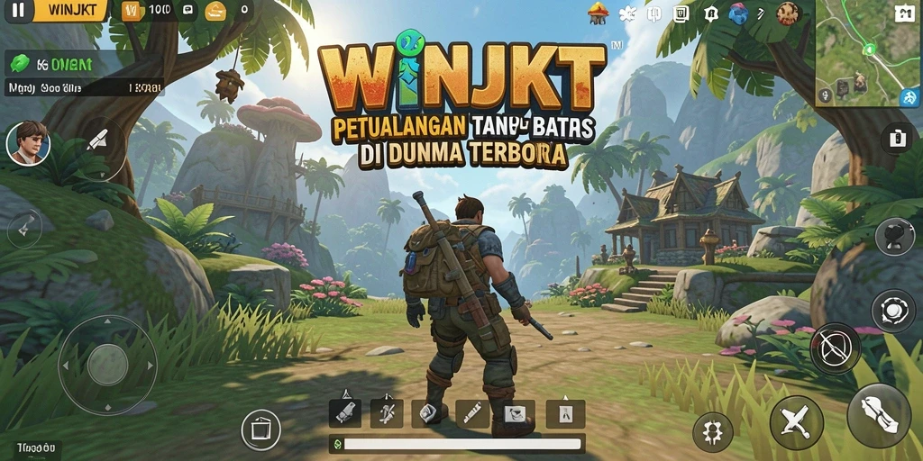 Tampilan gameplay WINJKT menampilkan petualangan seru di dunia terbuka.